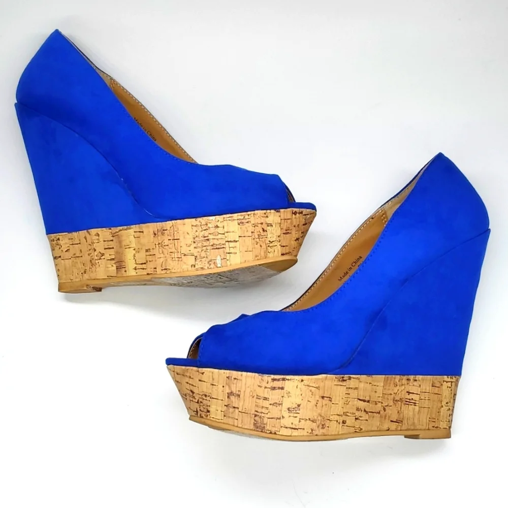 Forever 21 Blue Faux Suede Cork Like Wedge Peep Toe Platform Shoes 8